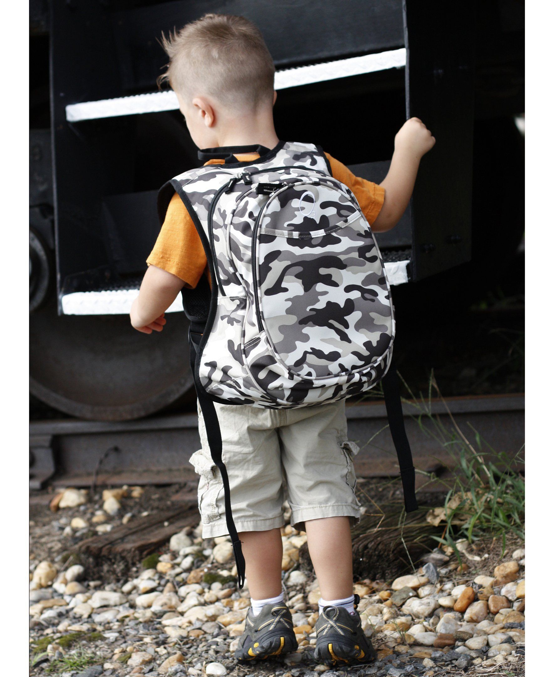 Obersee Mini Preschool All-in-One Backpack in camo design, featuring insulated cooler pocket, padded straps, and compact size for toddlers.