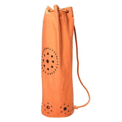 Omsutra Chakra Rivet Yoga Mat Bag in vibrant colors with distressed grommet and rivets, showcasing breathable design and spacious interior.