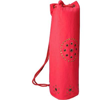 Omsutra Chakra Rivet Yoga Mat Bag in vibrant colors with distressed grommet and rivets, showcasing breathable design and spacious interior.