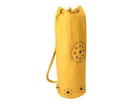 Omsutra Chakra Rivet Yoga Mat Bag in vibrant colors with distressed grommet and rivets, showcasing breathable design and spacious interior.