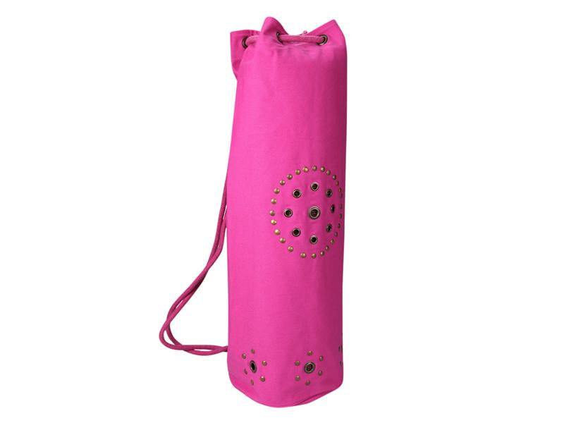 Omsutra Chakra Rivet Yoga Mat Bag in vibrant colors with distressed grommet and rivets, showcasing breathable design and spacious interior.