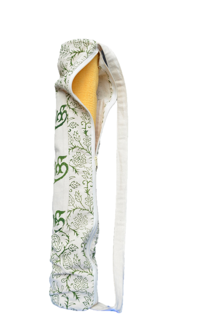 OMsutra Nari Shakti Yoga Rug Bag featuring floral motifs and OM symbols, handcrafted by women survivors.