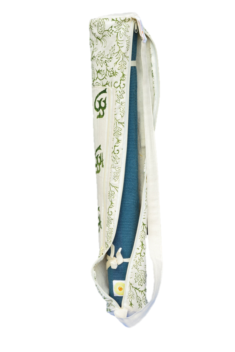 OMsutra Nari Shakti Yoga Rug Bag featuring floral motifs and OM symbols, handcrafted by women survivors.