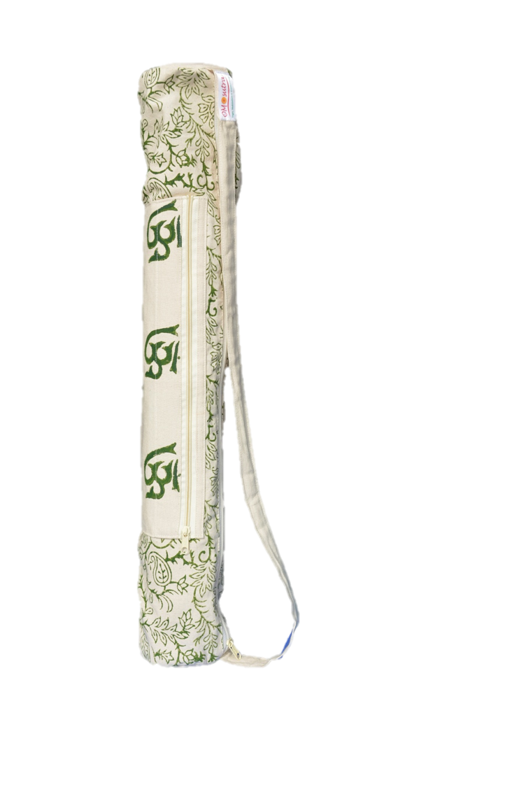 OMsutra Nari Shakti Yoga Rug Bag featuring floral motifs and OM symbols, handcrafted by women survivors.