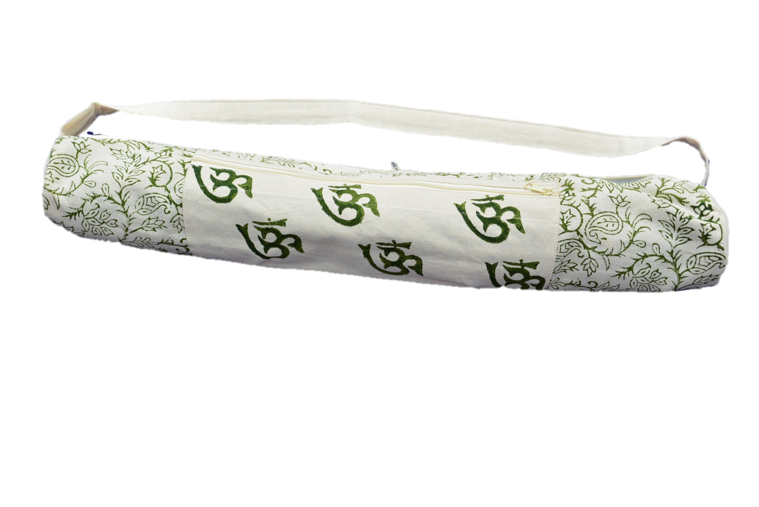 OMsutra Nari Shakti Yoga Rug Bag featuring floral motifs and OM symbols, handcrafted by women survivors.