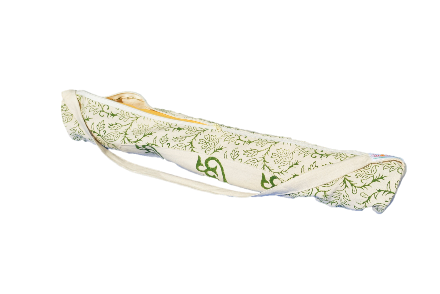 OMsutra Nari Shakti Yoga Rug Bag featuring floral motifs and OM symbols, handcrafted by women survivors.