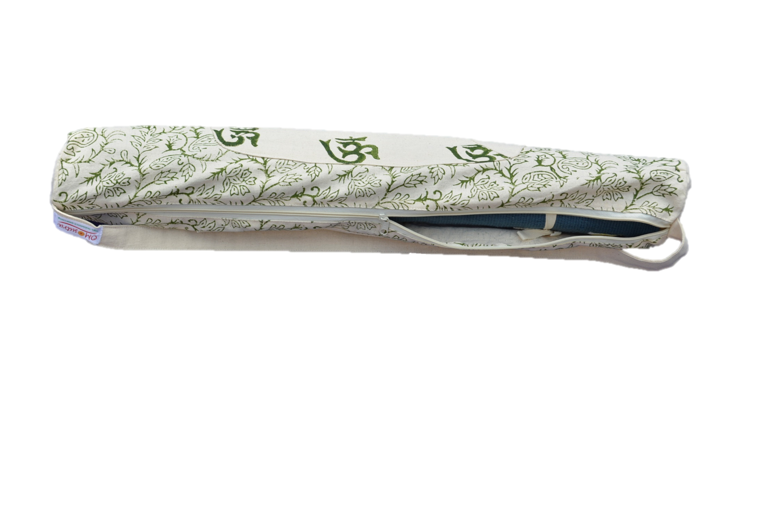 OMsutra Nari Shakti Yoga Rug Bag featuring floral motifs and OM symbols, handcrafted by women survivors.