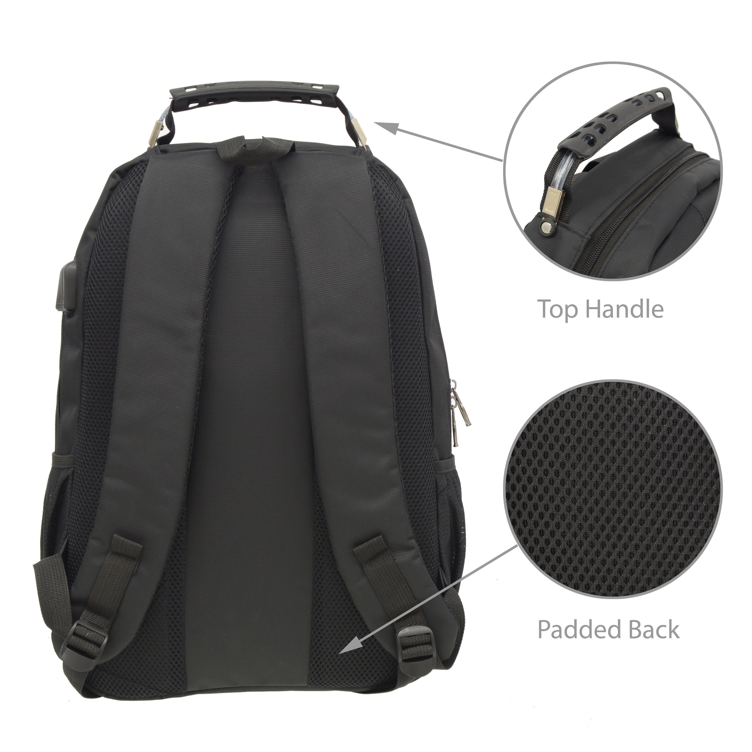 Oval Multi Pocket Backpack with USB, featuring multiple zippered compartments, padded straps, and a USB charging port.