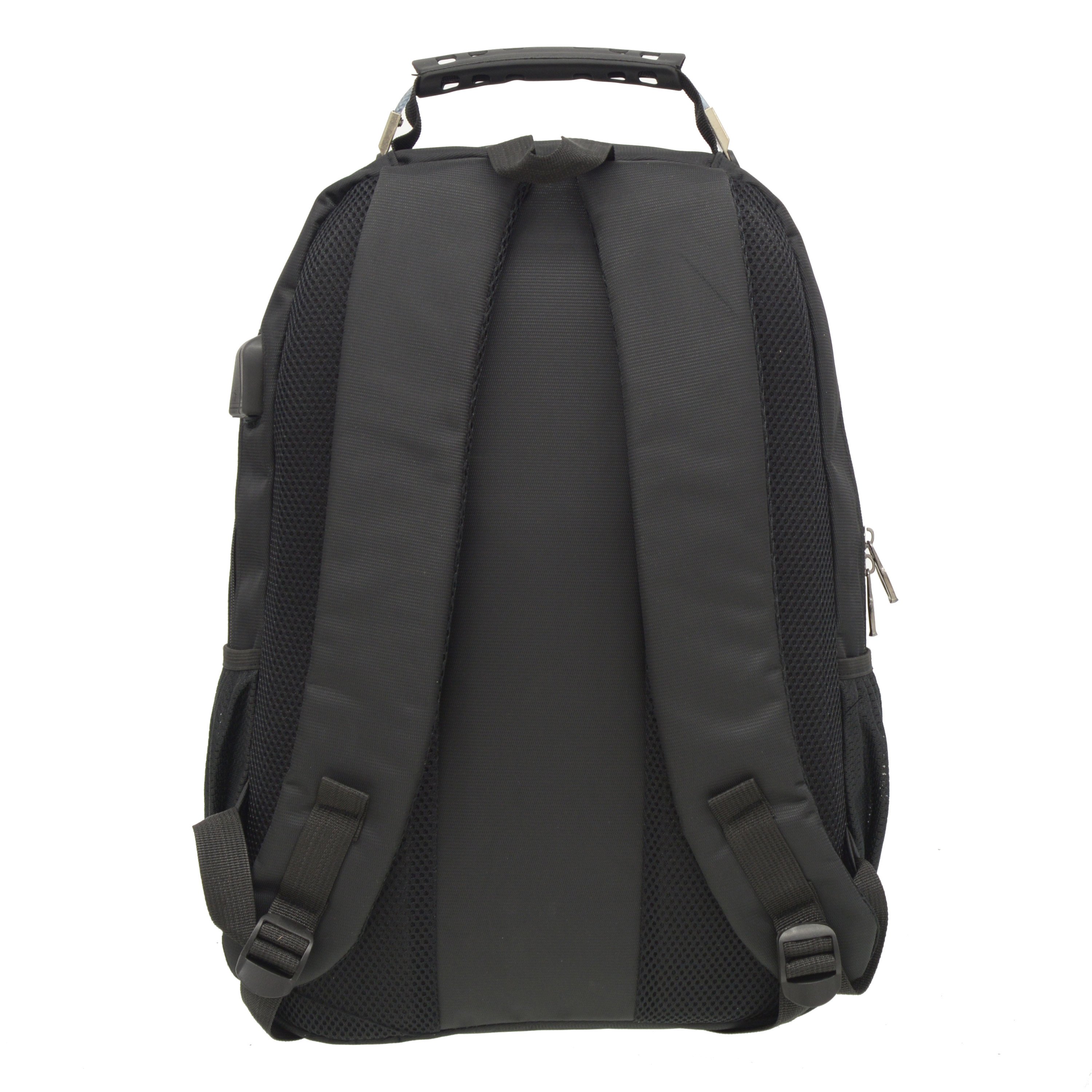 Oval Multi Pocket Backpack with USB, featuring multiple zippered compartments, padded straps, and a USB charging port.