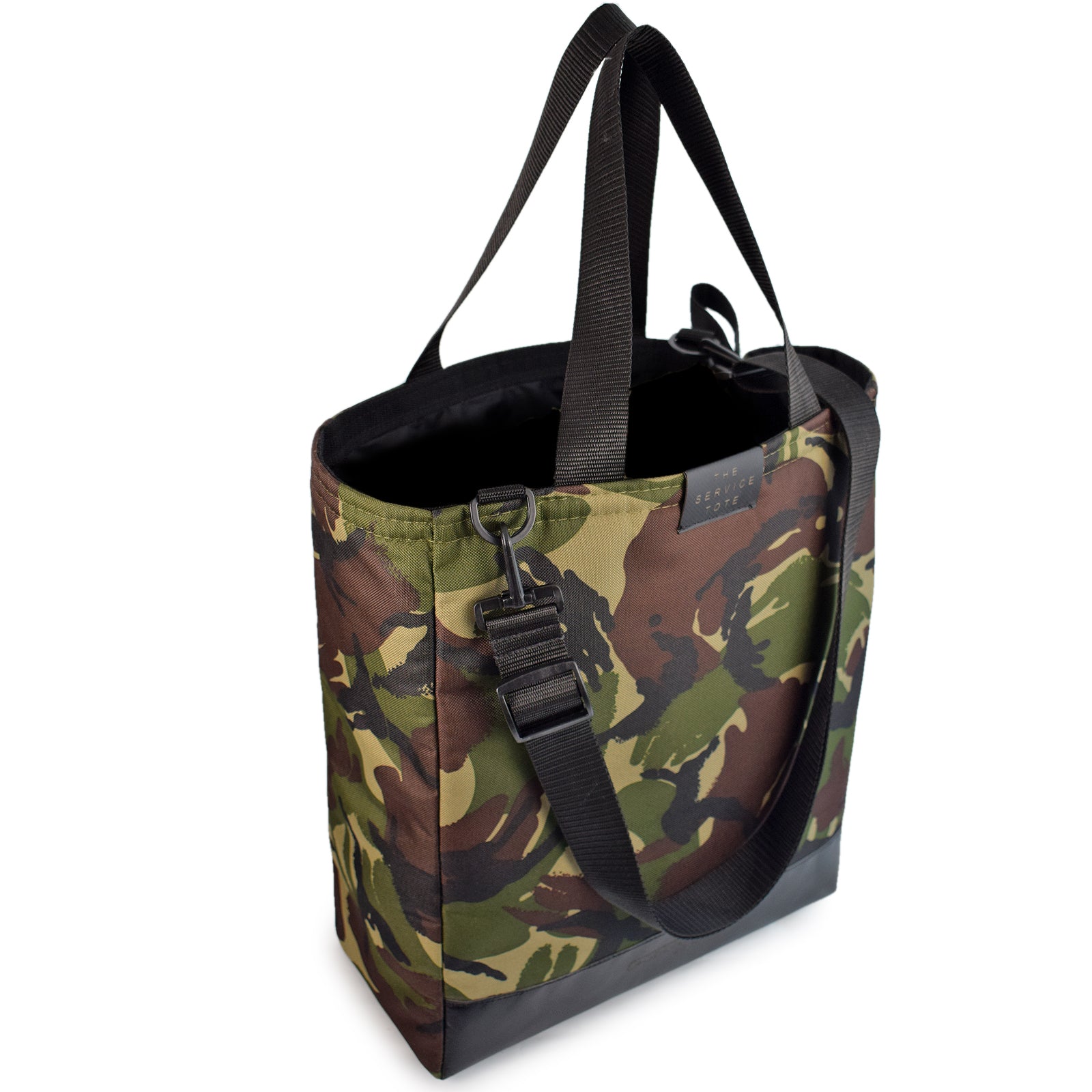 Padded SERVICE Tote Bag in CAMO GREEN, featuring a stylish camouflage pattern and cushioned handles for comfort.