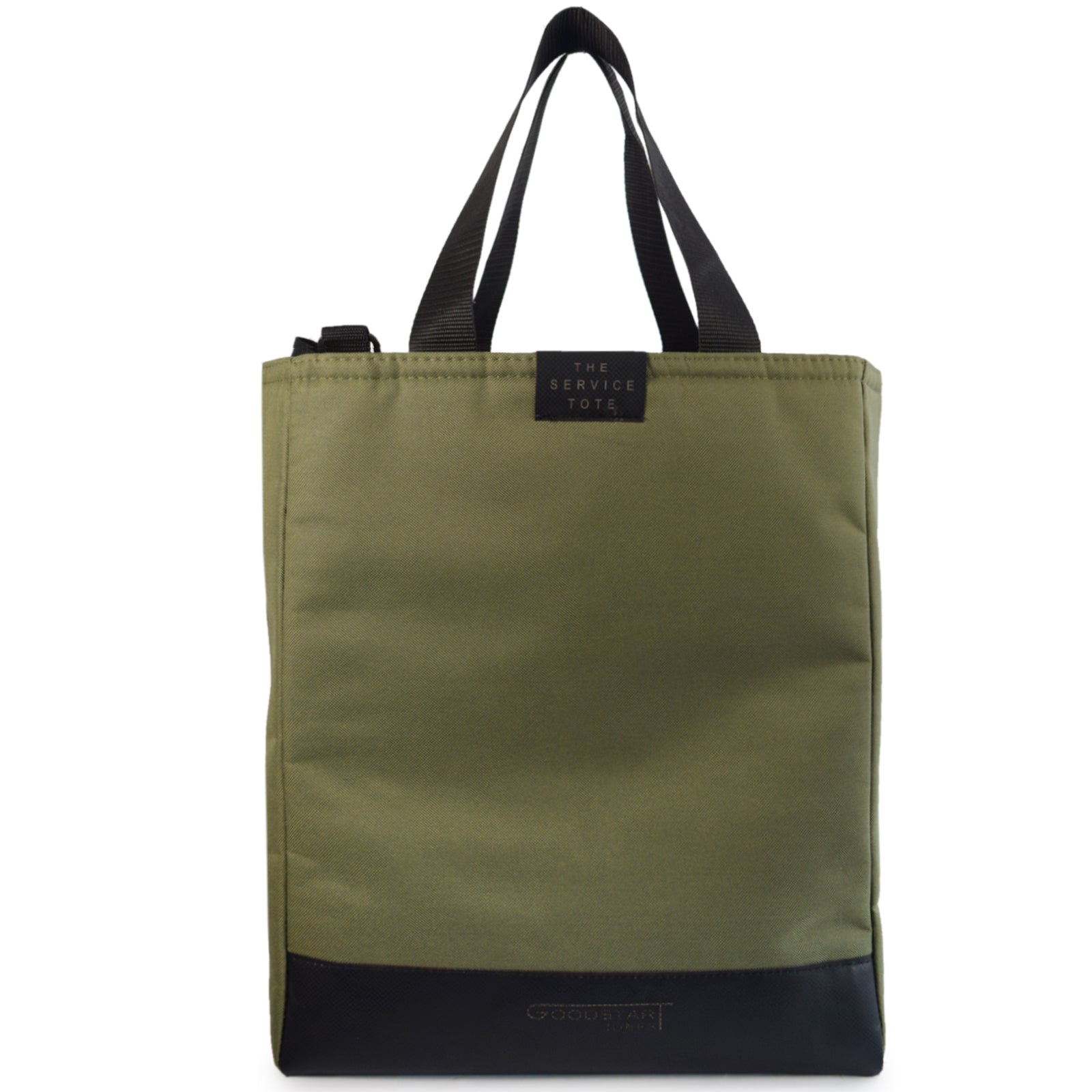 Olive green padded service tote bag with cushioned handles, perfect for shopping and travel.