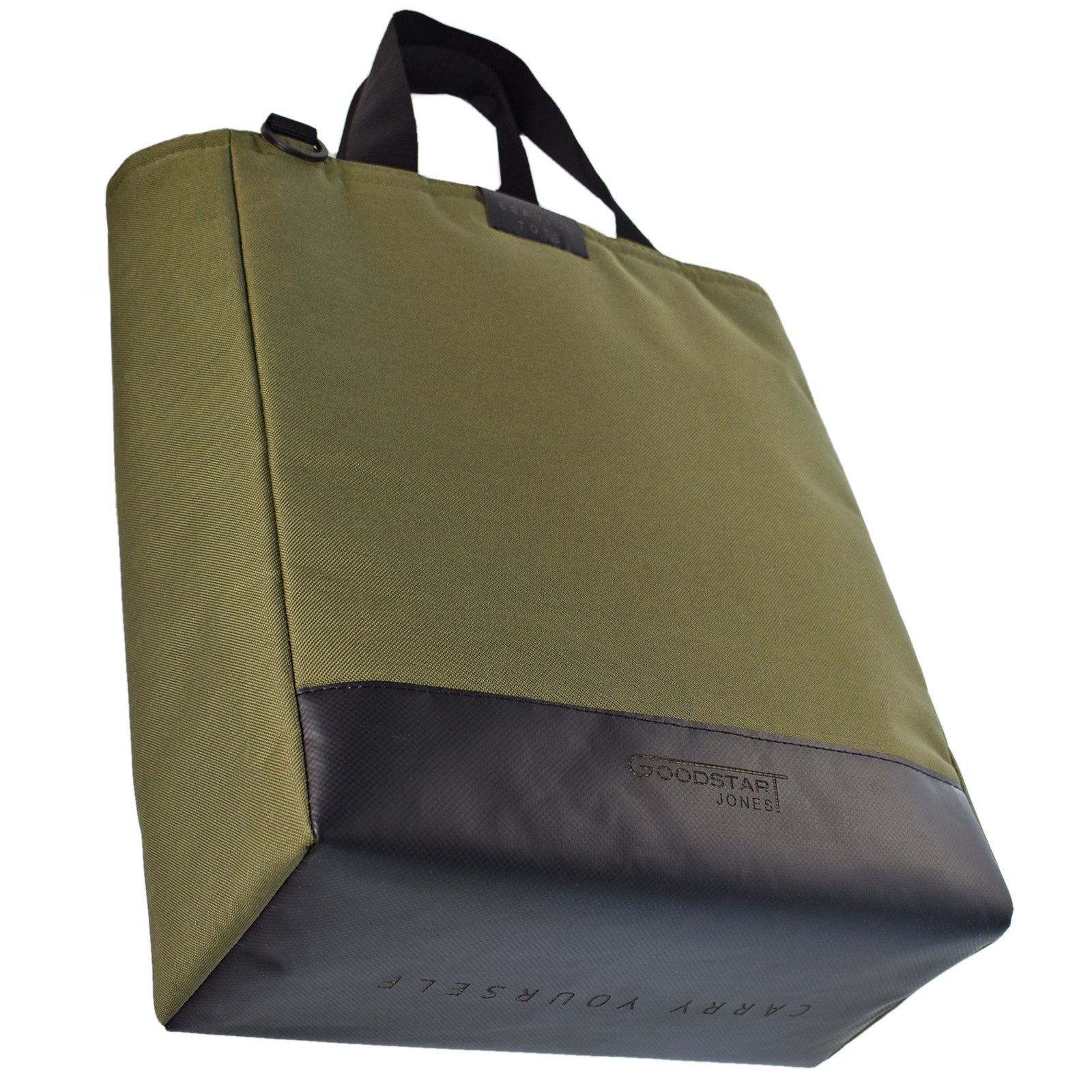 Olive green padded service tote bag with cushioned handles, perfect for shopping and travel.