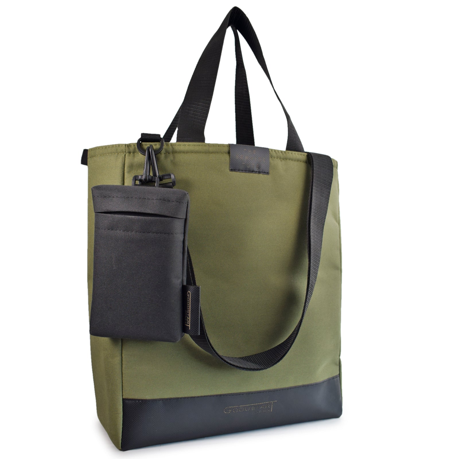 Olive green padded service tote bag with cushioned handles, perfect for shopping and travel.