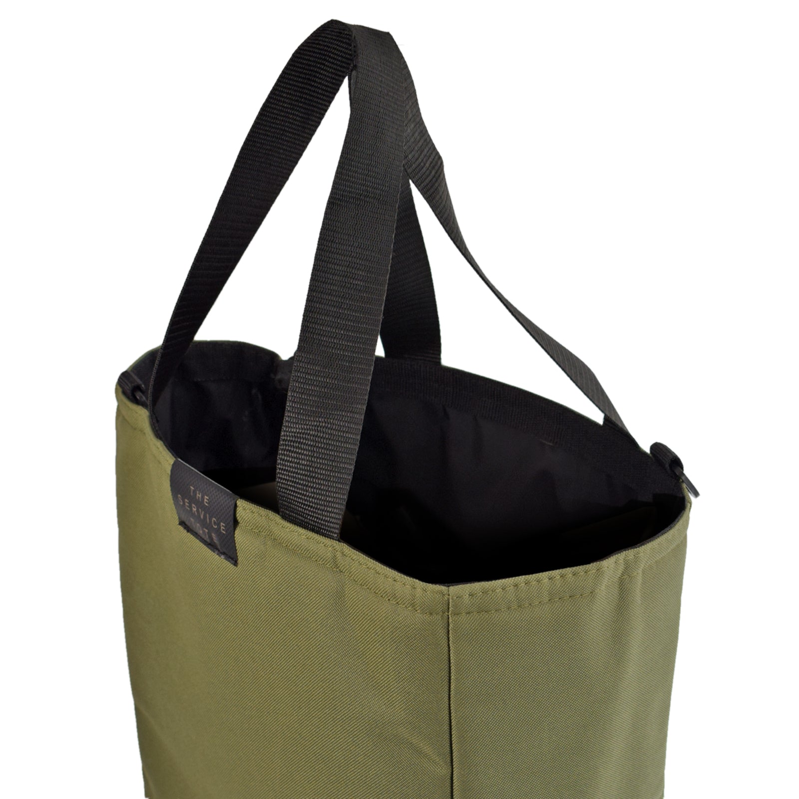 Olive green padded service tote bag with cushioned handles, perfect for shopping and travel.