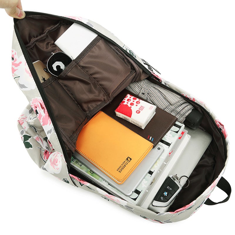 Printed Flowers Nylon Waterproof Ethnic Travel Backpack featuring a vibrant floral design, durable nylon material, and multiple storage compartments.