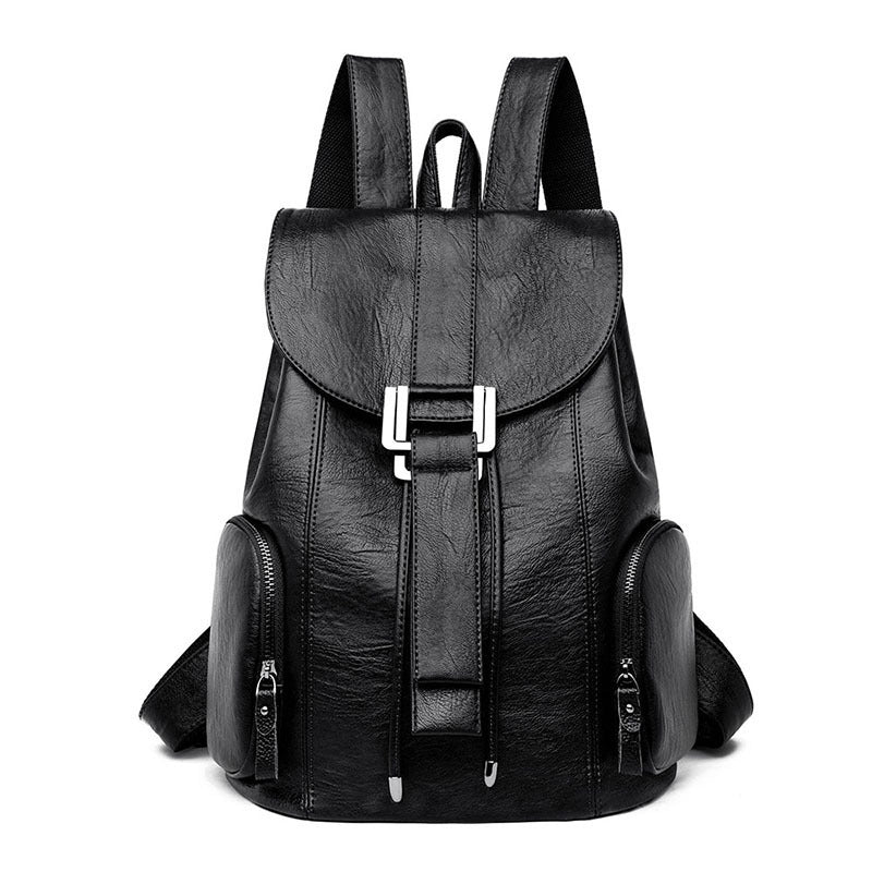 Stylish PU leather ladies backpack with draw buckle and belt decoration, featuring a soft texture and double straps.