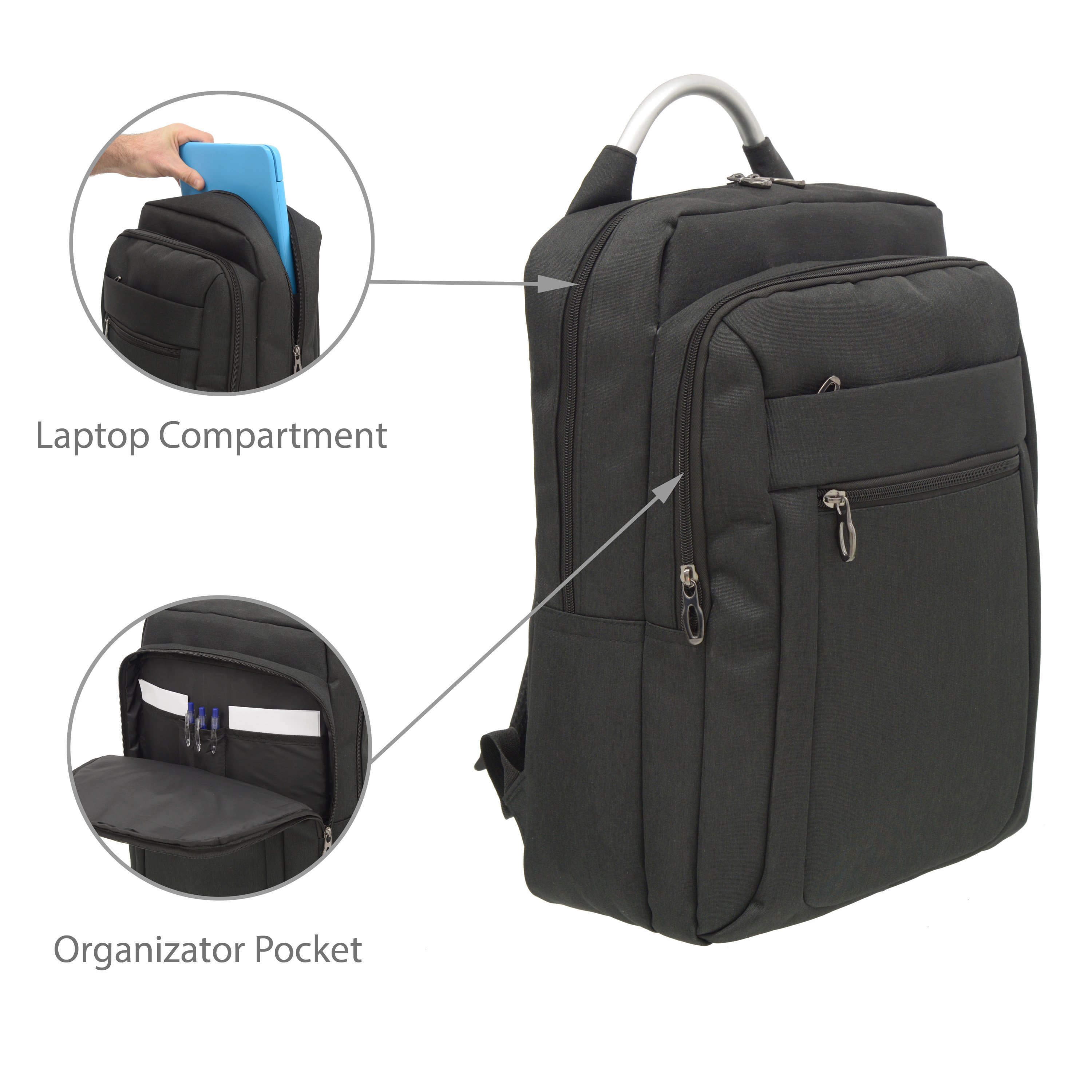 Rectangular Multi Pocket Backpack with USB ports, featuring multiple compartments and padded straps for comfort.