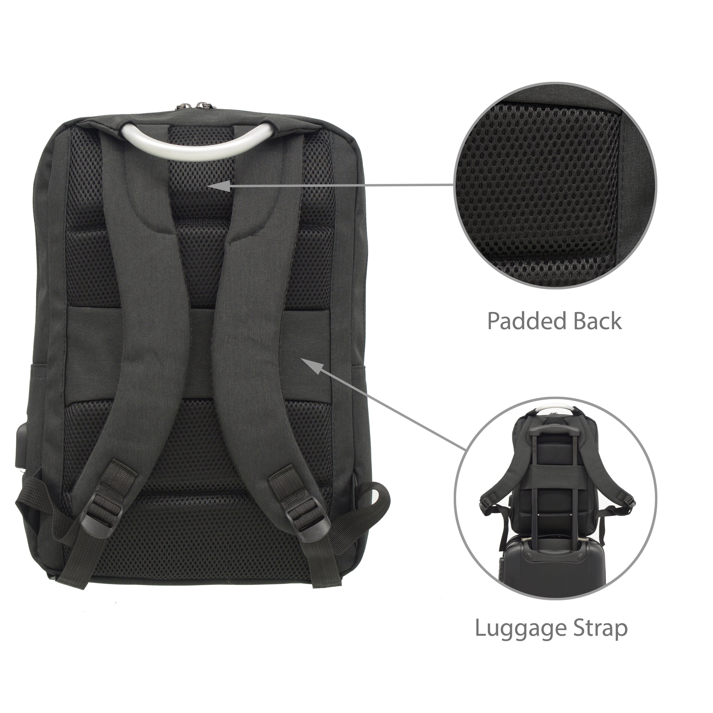 Rectangular Multi Pocket Backpack with USB ports, featuring multiple compartments and padded straps for comfort.