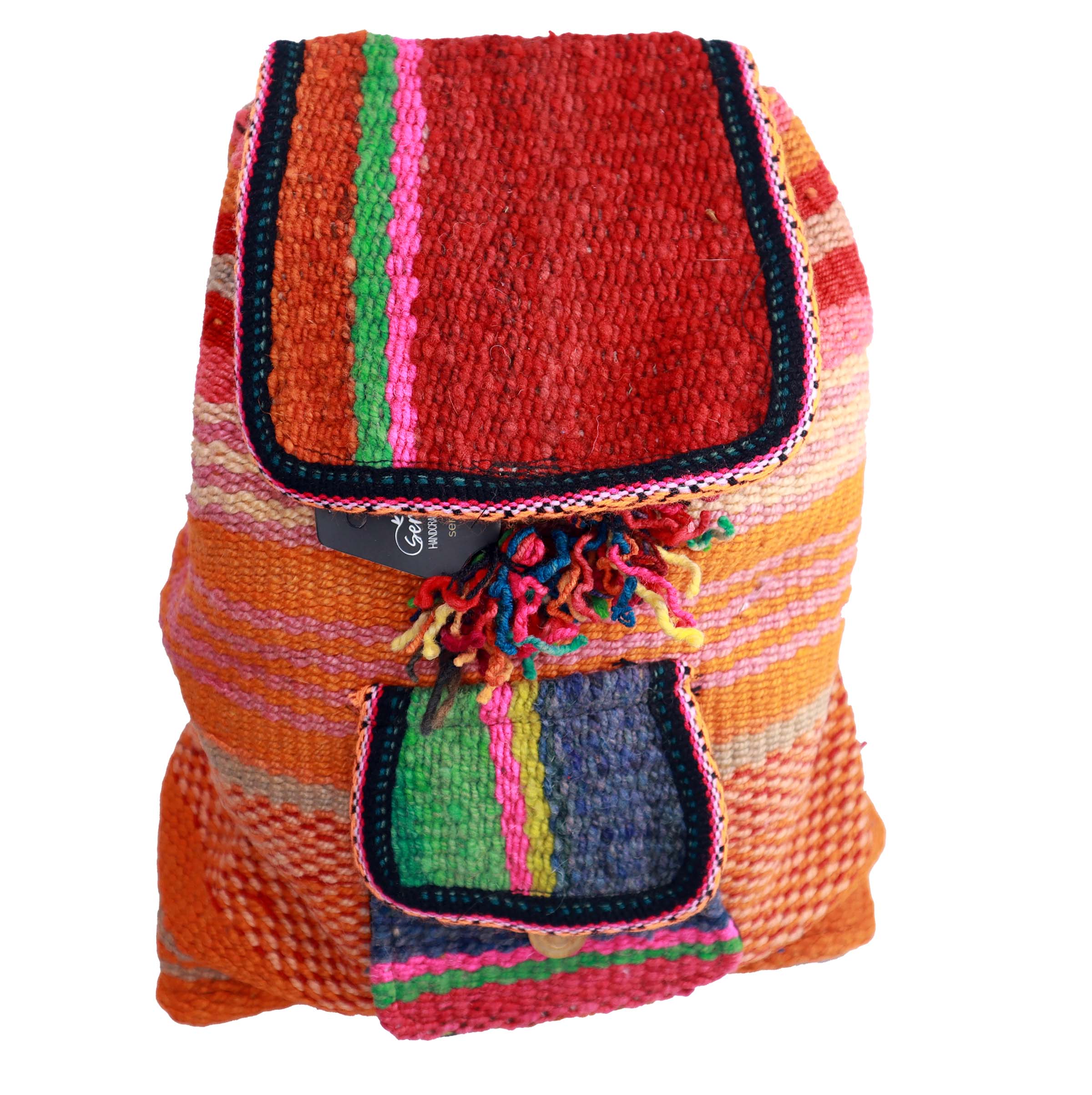 Simple Horizon Backpack featuring a vibrant tiger orange and jungle green design, handwoven with cotton and alpaca wool, showcasing intricate patterns.