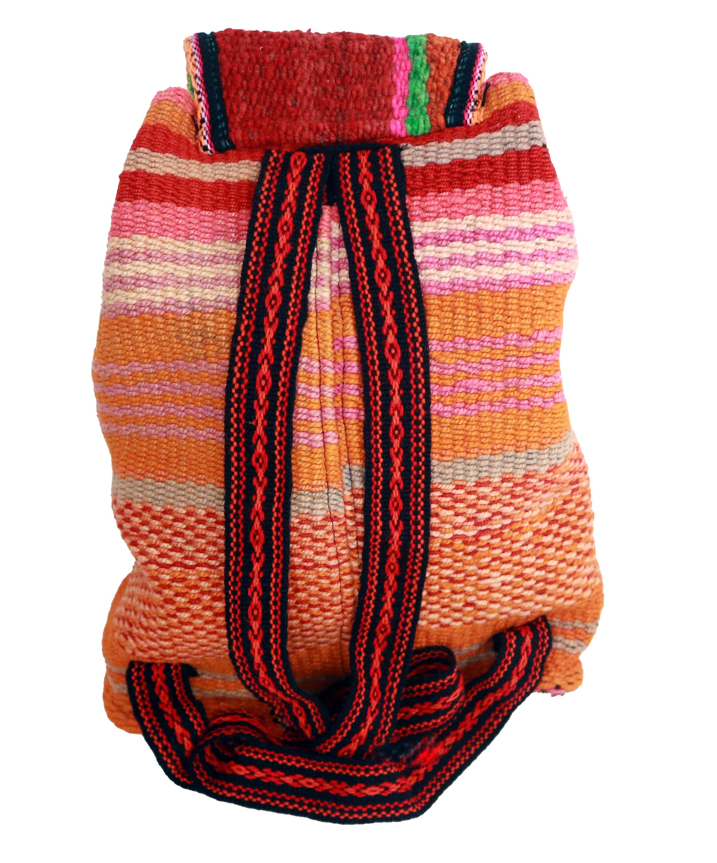 Simple Horizon Backpack featuring a vibrant tiger orange and jungle green design, handwoven with cotton and alpaca wool, showcasing intricate patterns.