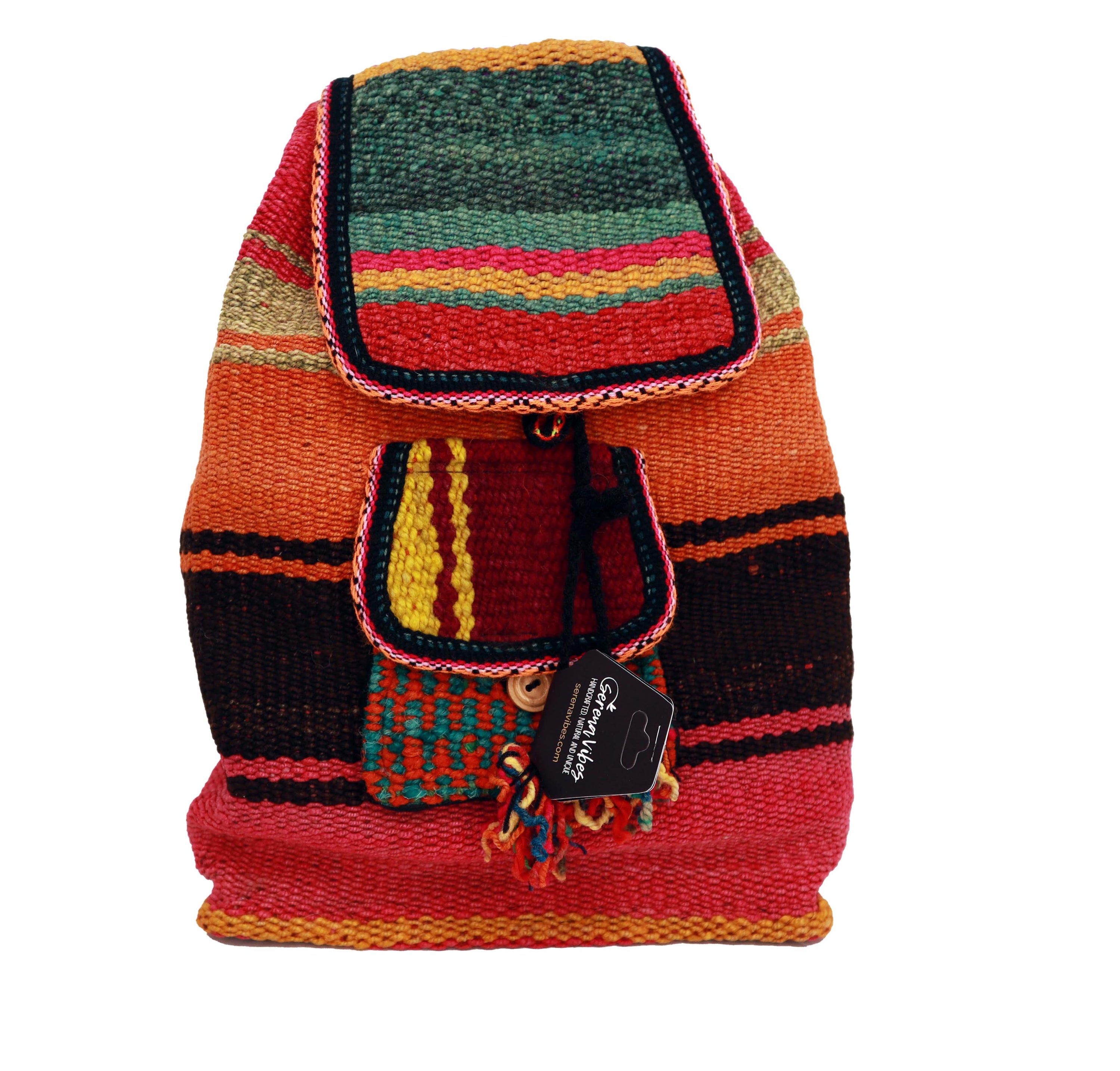 Sunset Double Closure Backpack featuring a vibrant tiger orange and jungle green design, handwoven with intricate patterns and durable materials.