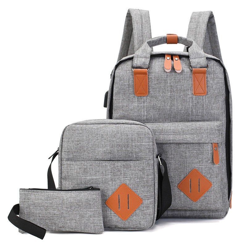 Three-piece backpack set featuring a spacious backpack, shoulder bag, and compact hand bag, designed for men and women in durable polyester.