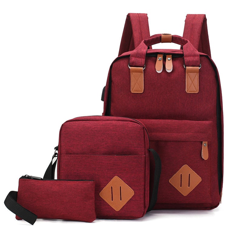 Three-piece backpack set featuring a spacious backpack, shoulder bag, and compact hand bag, designed for men and women in durable polyester.
