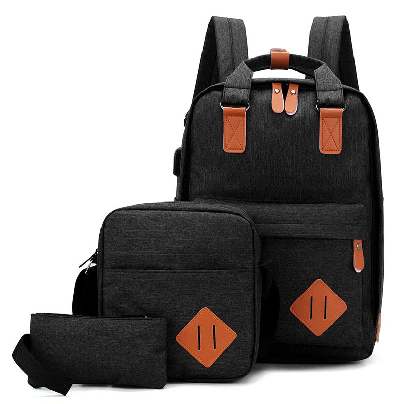 Three-piece backpack set featuring a spacious backpack, shoulder bag, and compact hand bag, designed for men and women in durable polyester.