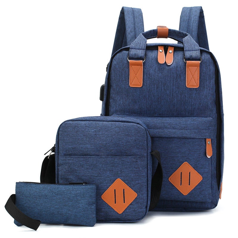 Three-piece backpack set featuring a spacious backpack, shoulder bag, and compact hand bag, designed for men and women in durable polyester.