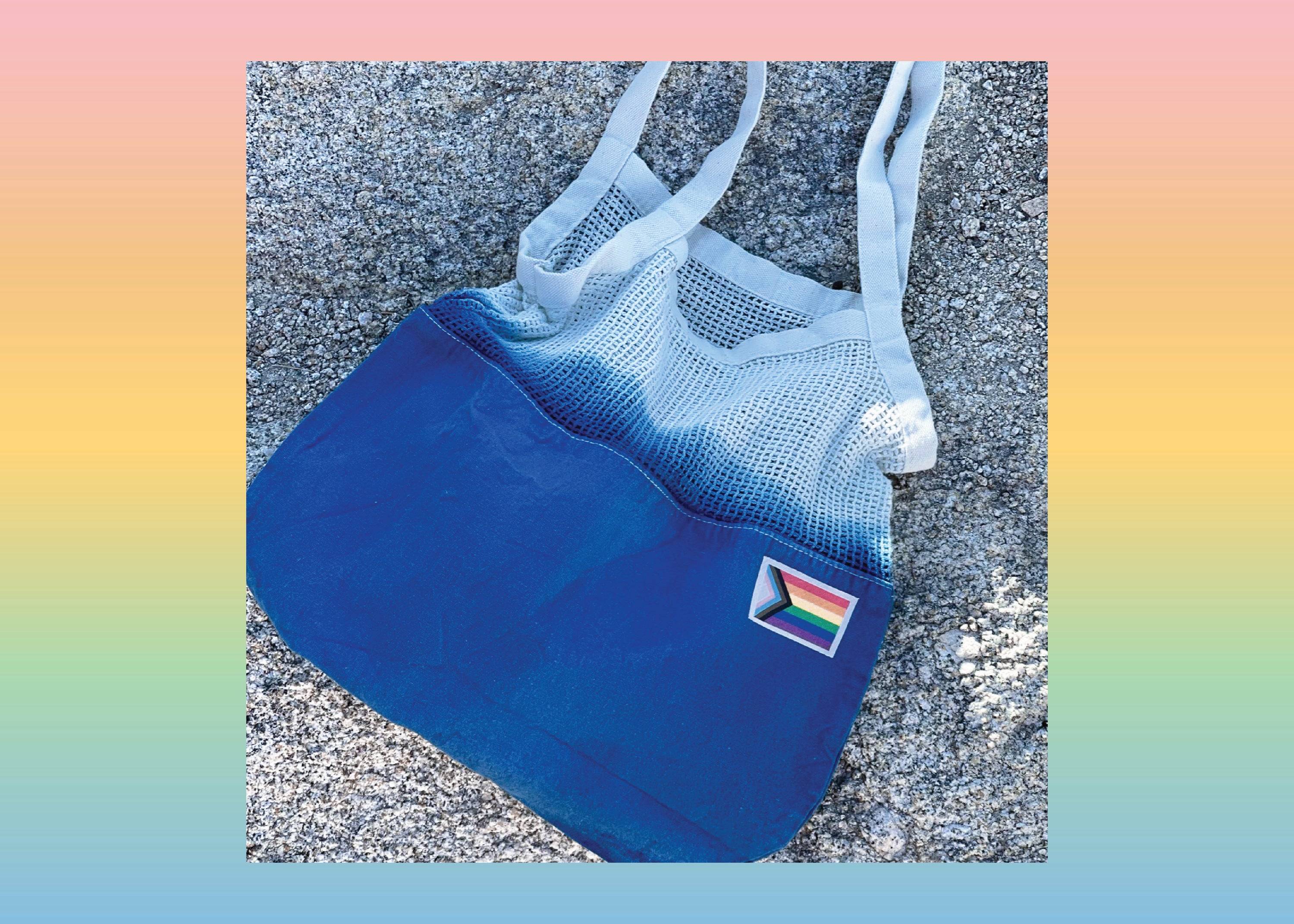Colorful Tie-Dye Market Tote Bag made of 100% cotton, featuring unique patterns and a Pride Month woven label.