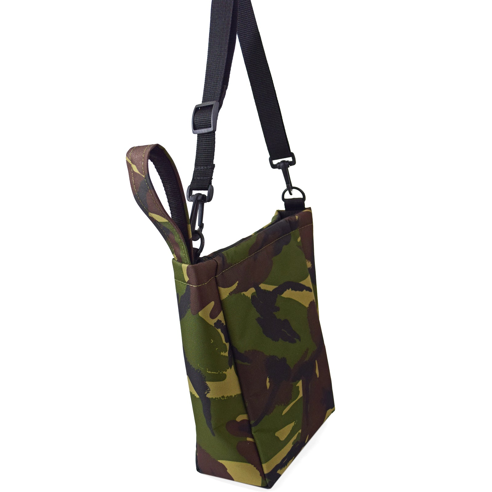 UTILITY Pouch Grab Bag in CAMO, featuring a cushioned interior, velcro closure, and adjustable straps for versatile carrying options.