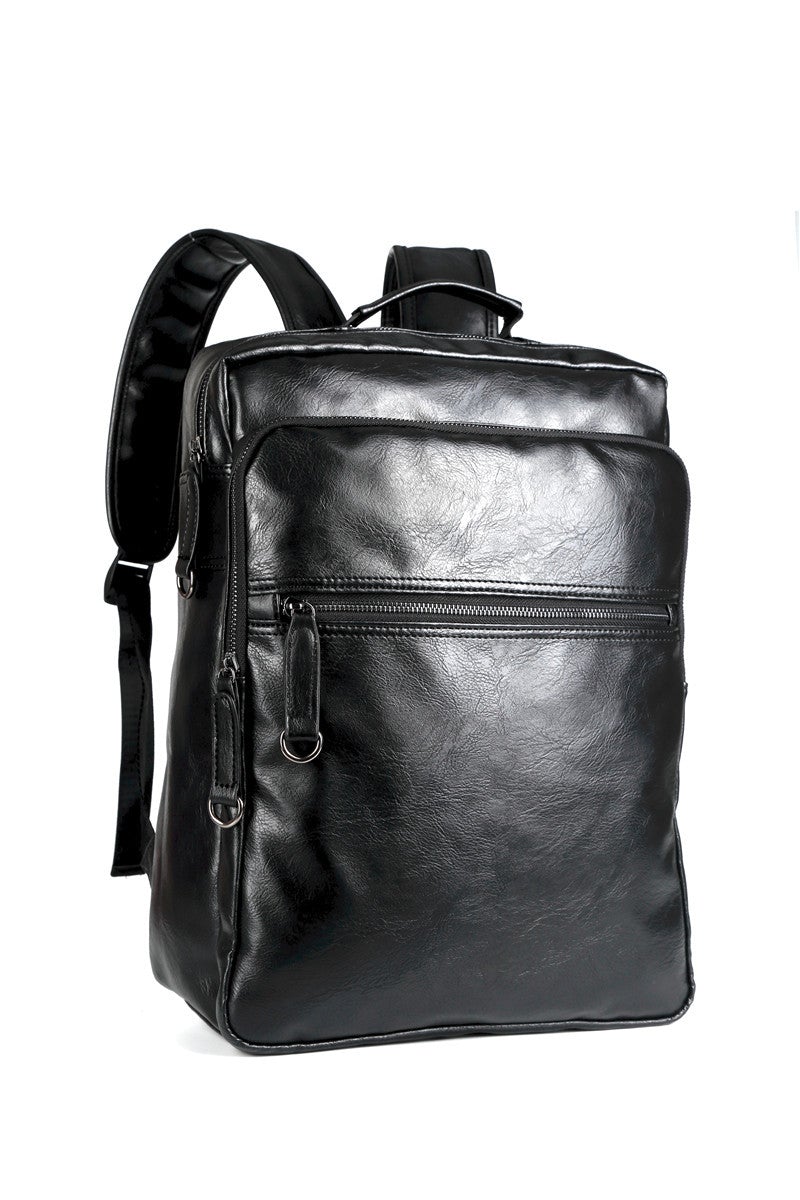 Waterproof 15.6 inch PU leather laptop backpack for men, featuring multiple compartments and padded shoulder straps.