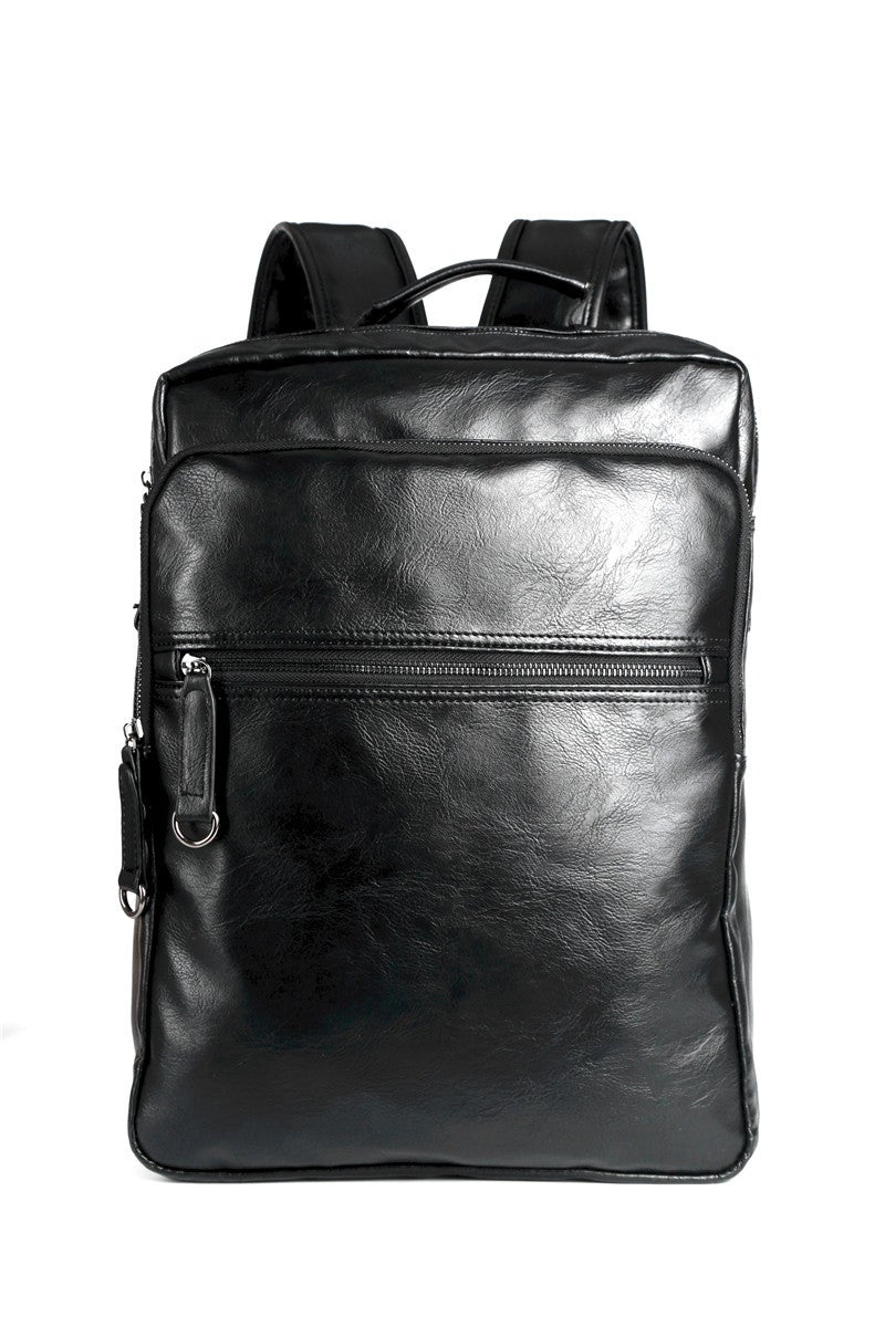 Waterproof 15.6 inch PU leather laptop backpack for men, featuring multiple compartments and padded shoulder straps.