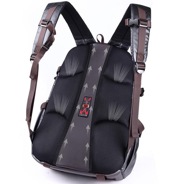 A stylish waterproof business leisure travel backpack for men, made of durable Oxford cloth, featuring adjustable padded straps and multiple compartments.