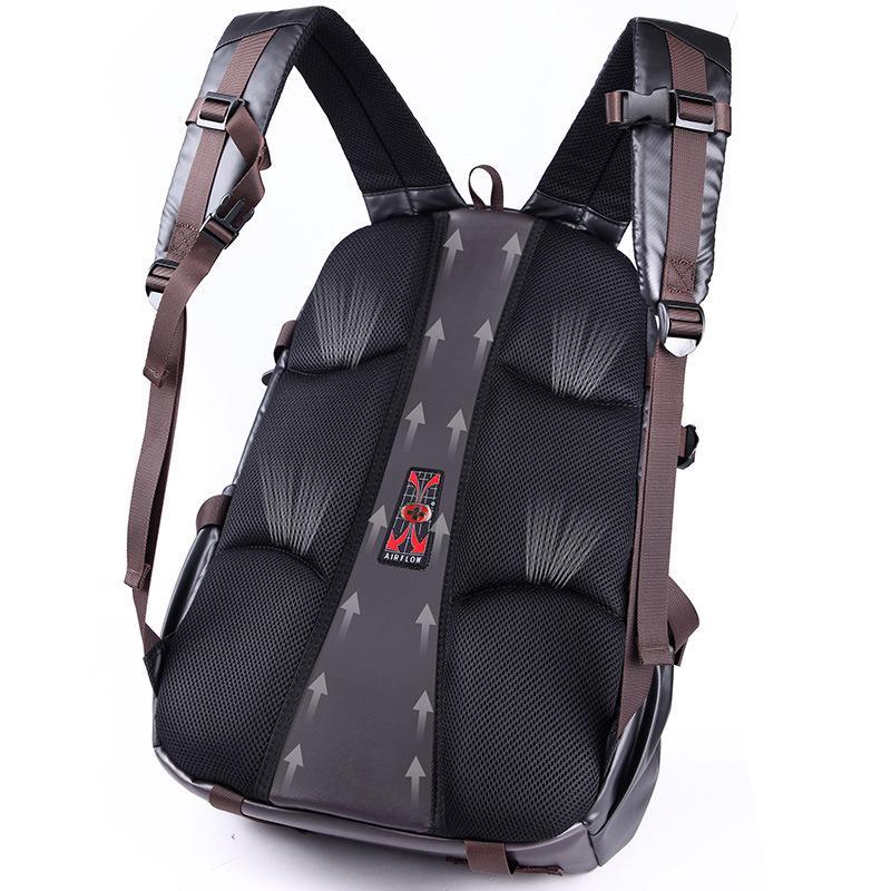 A stylish waterproof business leisure travel backpack for men, made of durable Oxford cloth, featuring adjustable padded straps and multiple compartments.