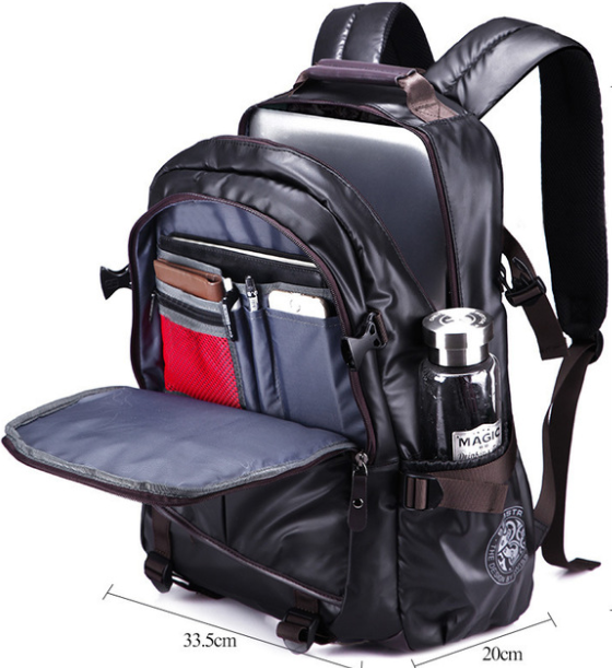 A stylish waterproof business leisure travel backpack for men, made of durable Oxford cloth, featuring adjustable padded straps and multiple compartments.