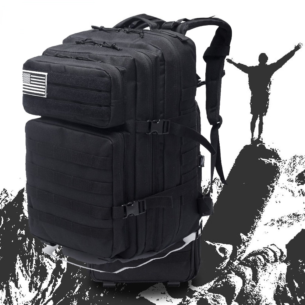 Waterproof hiking rucksack in camouflage design, featuring multiple pockets and a comfortable carrying system.