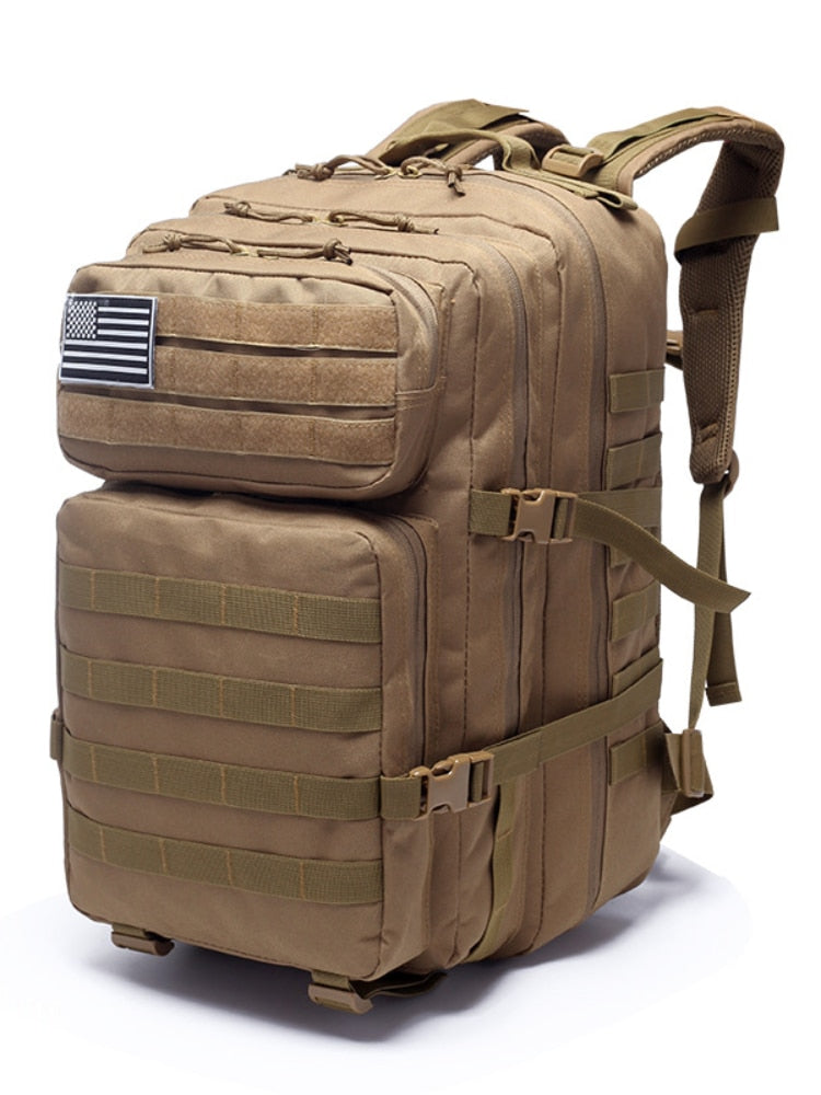 Waterproof hiking rucksack in camouflage design, featuring multiple pockets and a comfortable carrying system.