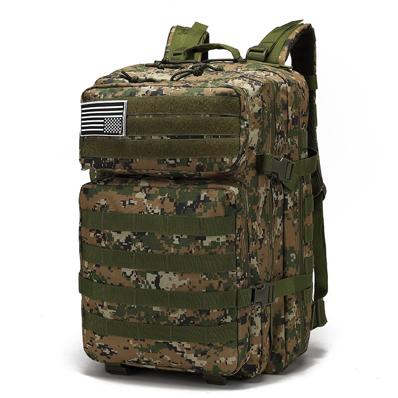 Waterproof hiking rucksack in camouflage design, featuring multiple pockets and a comfortable carrying system.