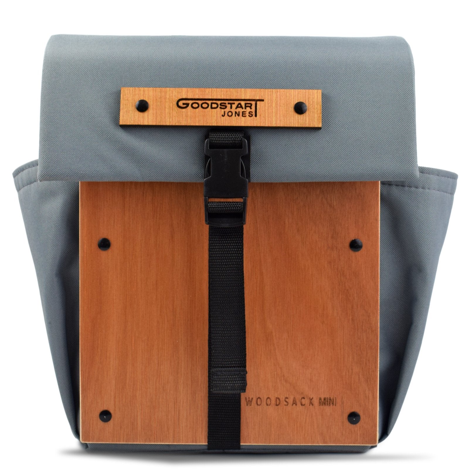 Woodsack Mini Backpack in Grey, showcasing its compact design and stylish appearance.