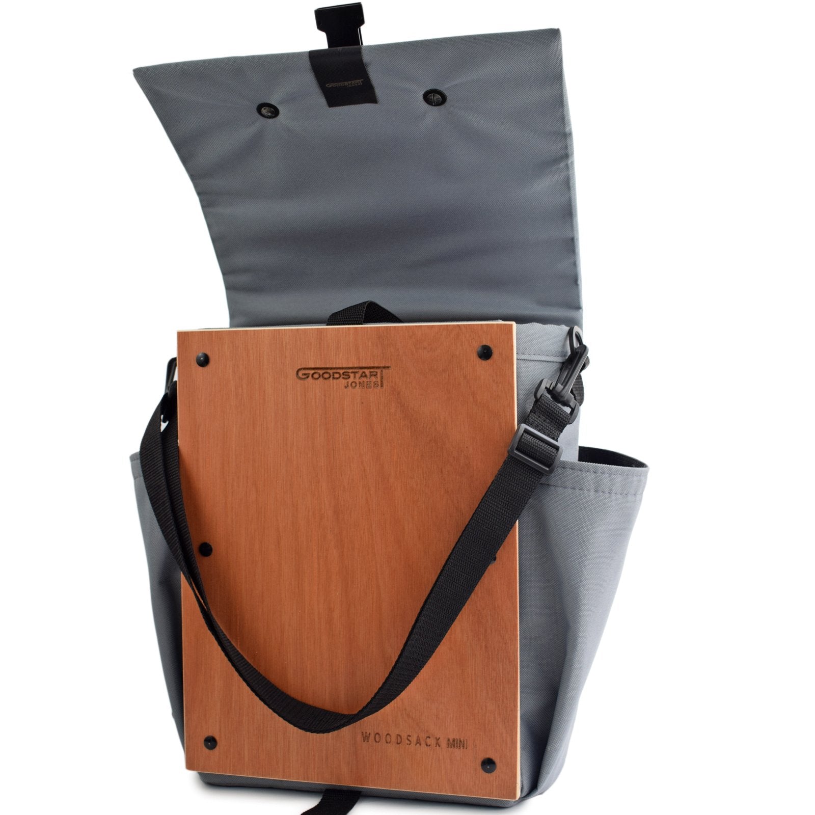 Woodsack Mini Backpack in Grey, showcasing its compact design and stylish appearance.