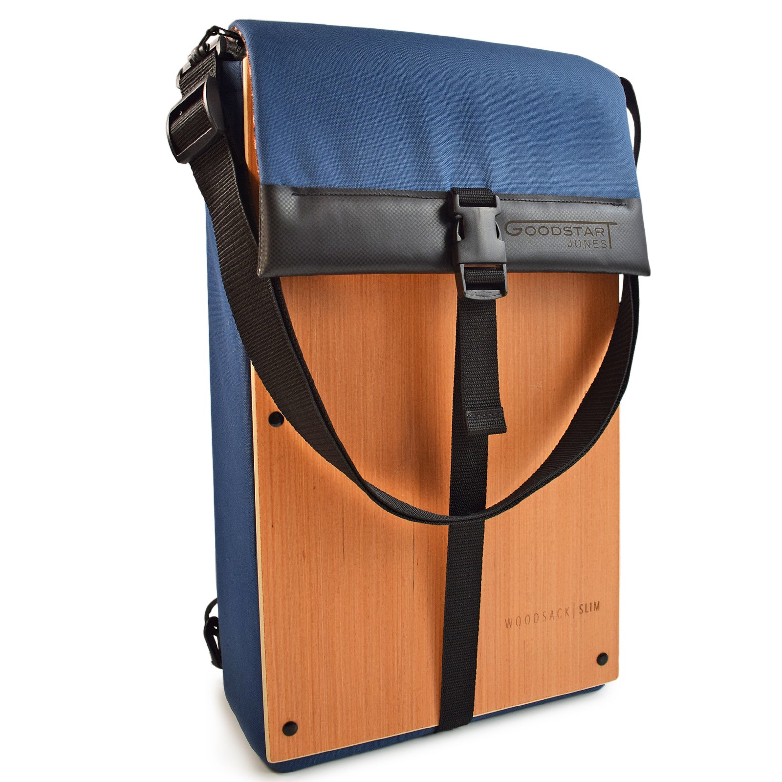 Woodsack Slim Backpack in Navy Blue, featuring a sleek design and practical storage for essentials.