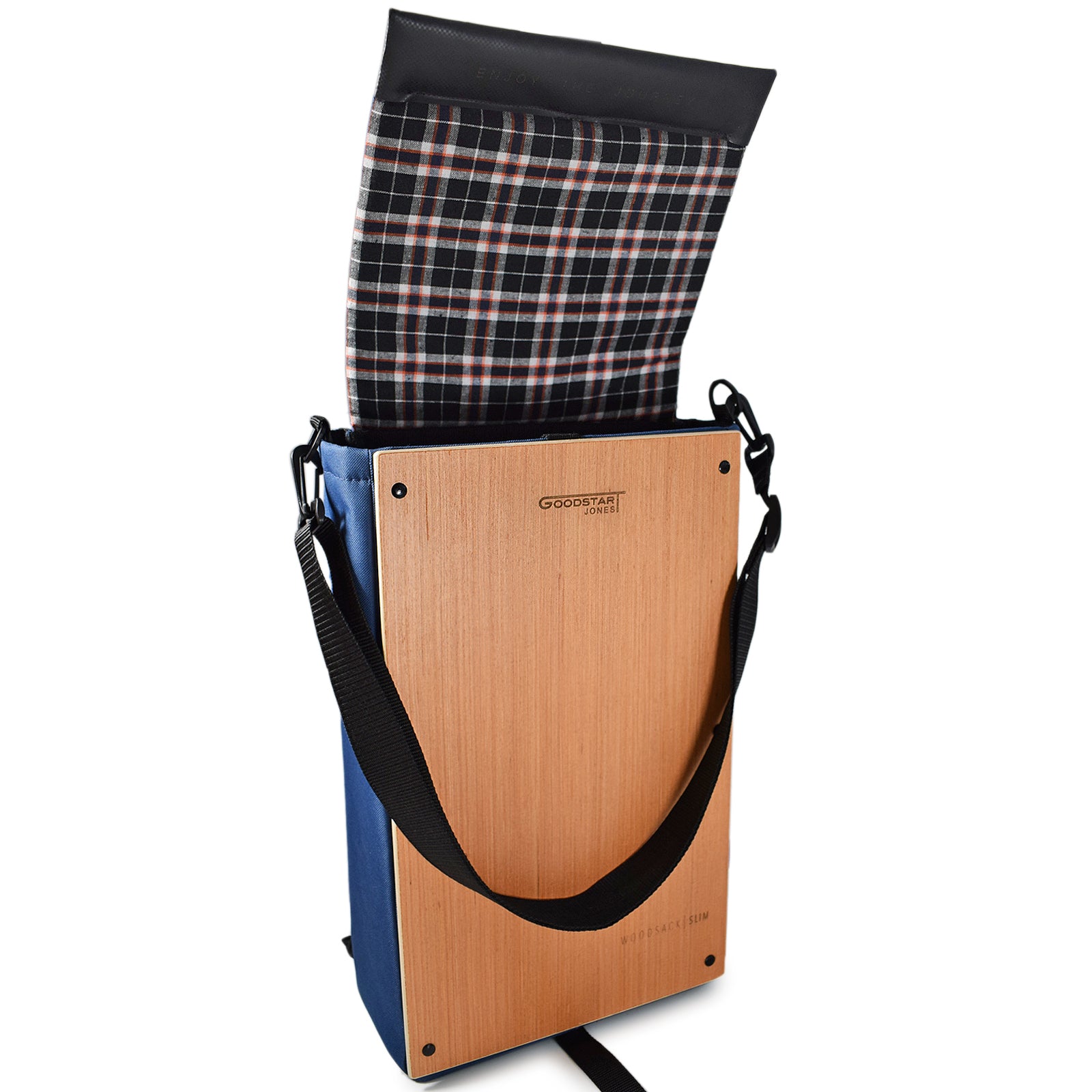 Woodsack Slim Backpack in Navy Blue, featuring a sleek design and practical storage for essentials.