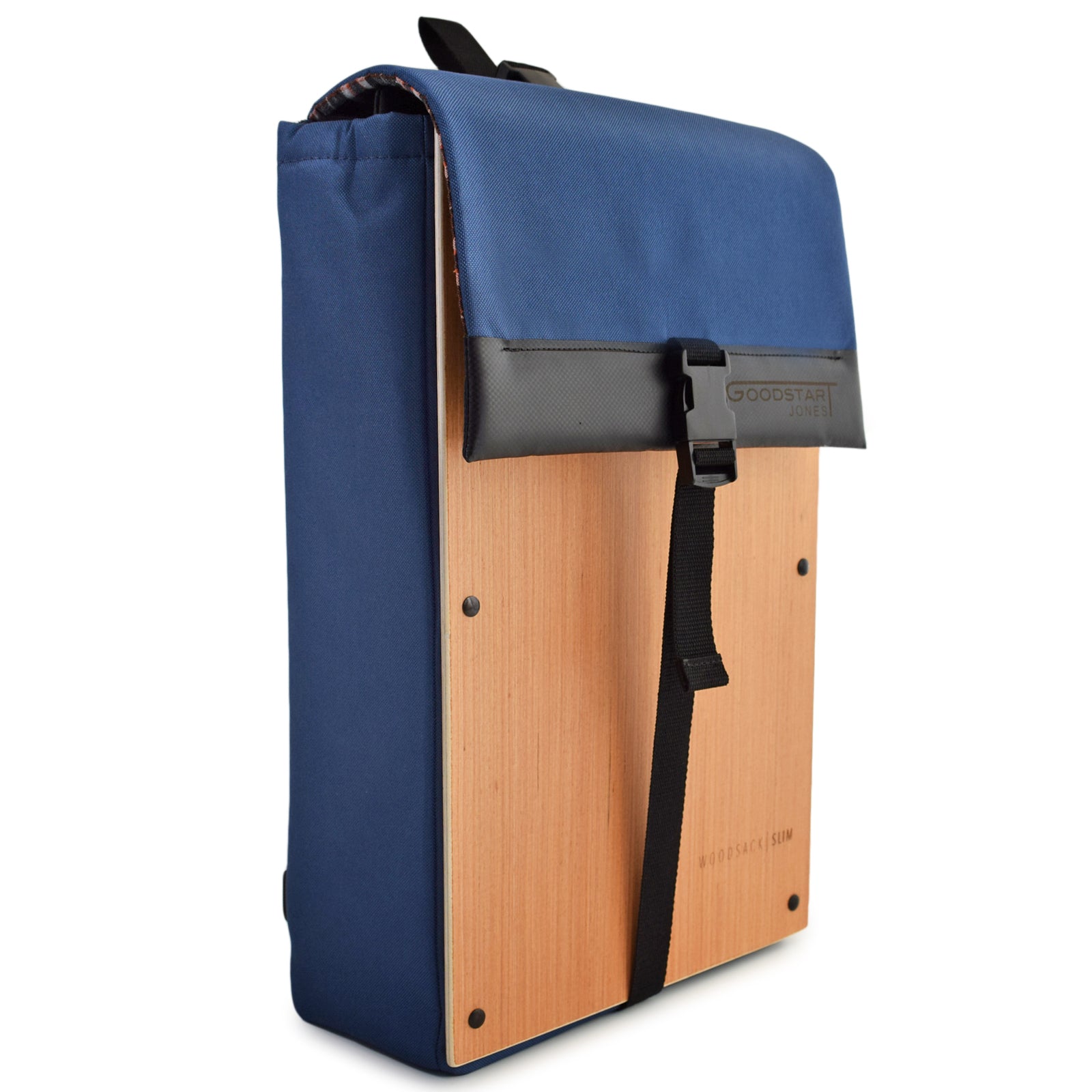 Woodsack Slim Backpack in Navy Blue, featuring a sleek design and practical storage for essentials.