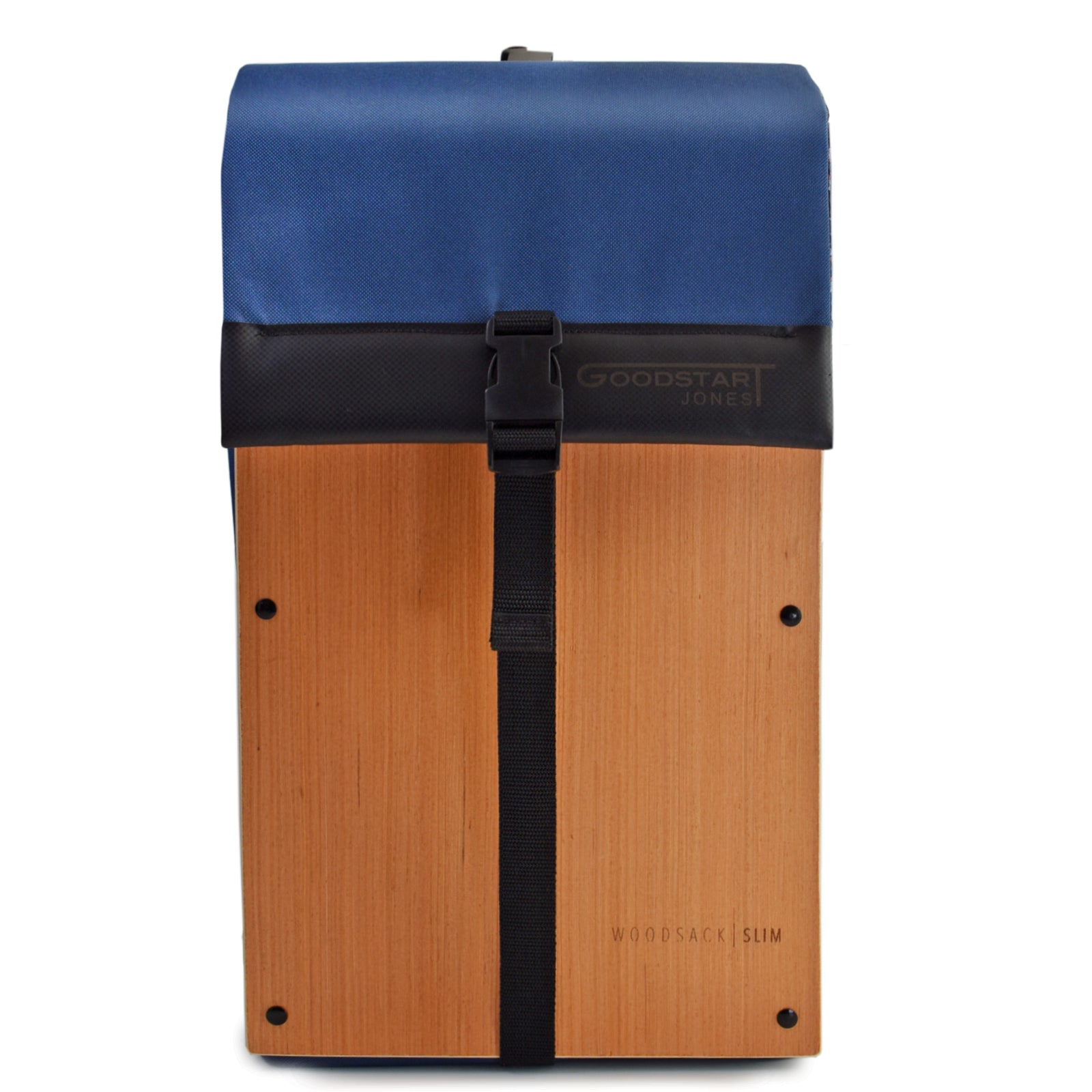 Woodsack Slim Backpack in Navy Blue, featuring a sleek design and practical storage for essentials.