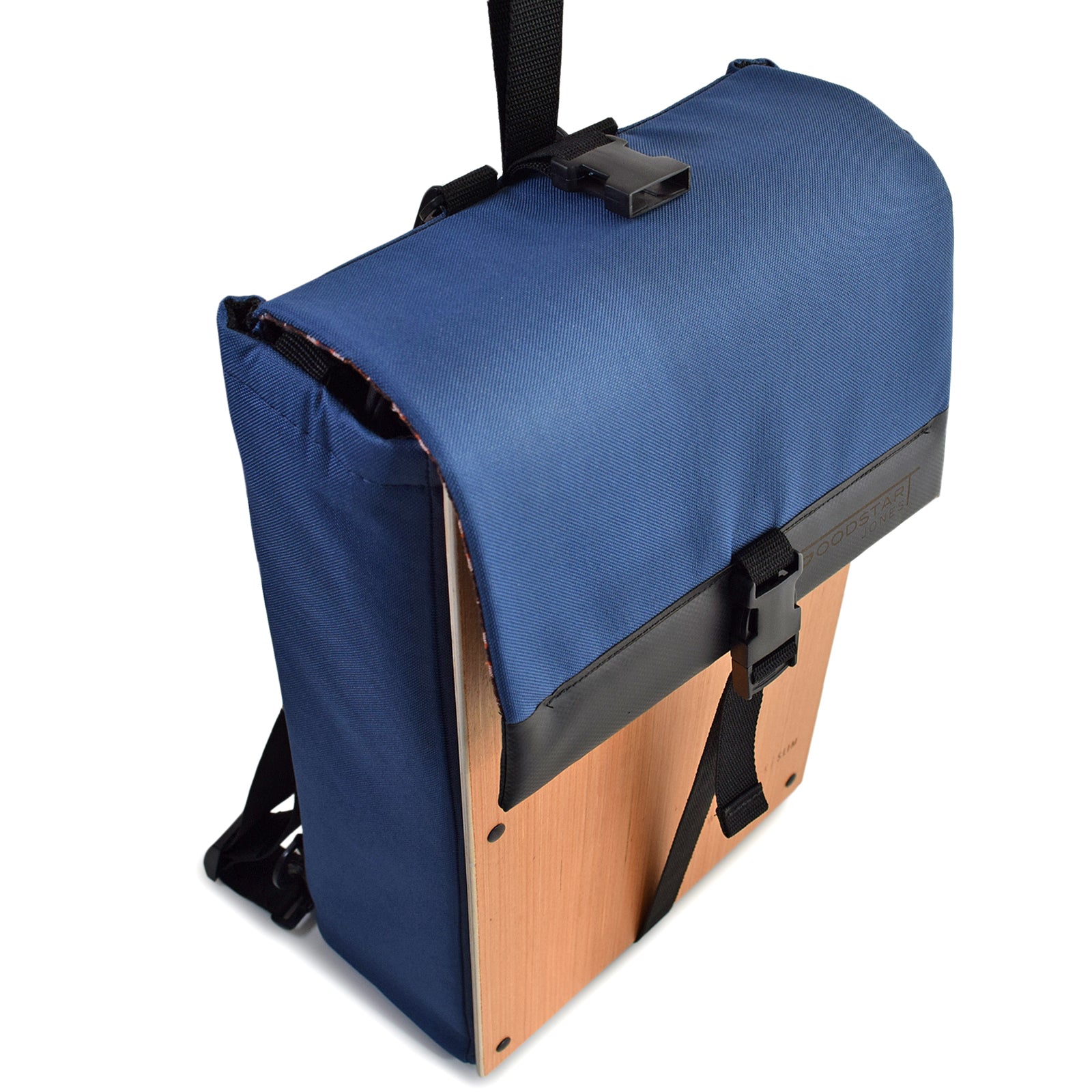 Woodsack Slim Backpack in Navy Blue, featuring a sleek design and practical storage for essentials.