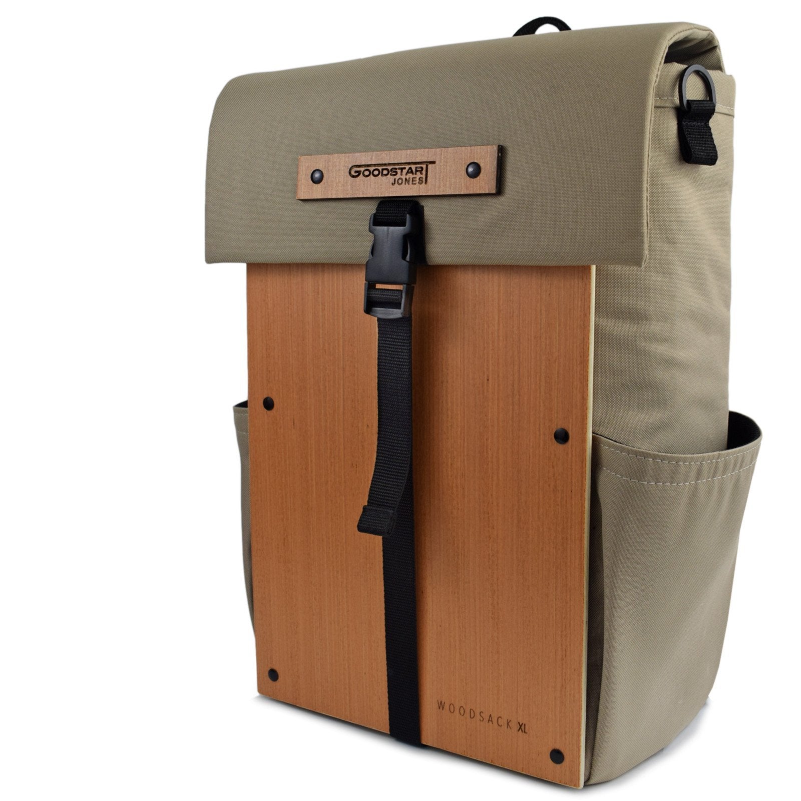 Woodsack XL Backpack in SAND color, showcasing spacious compartments and padded straps for comfort.
