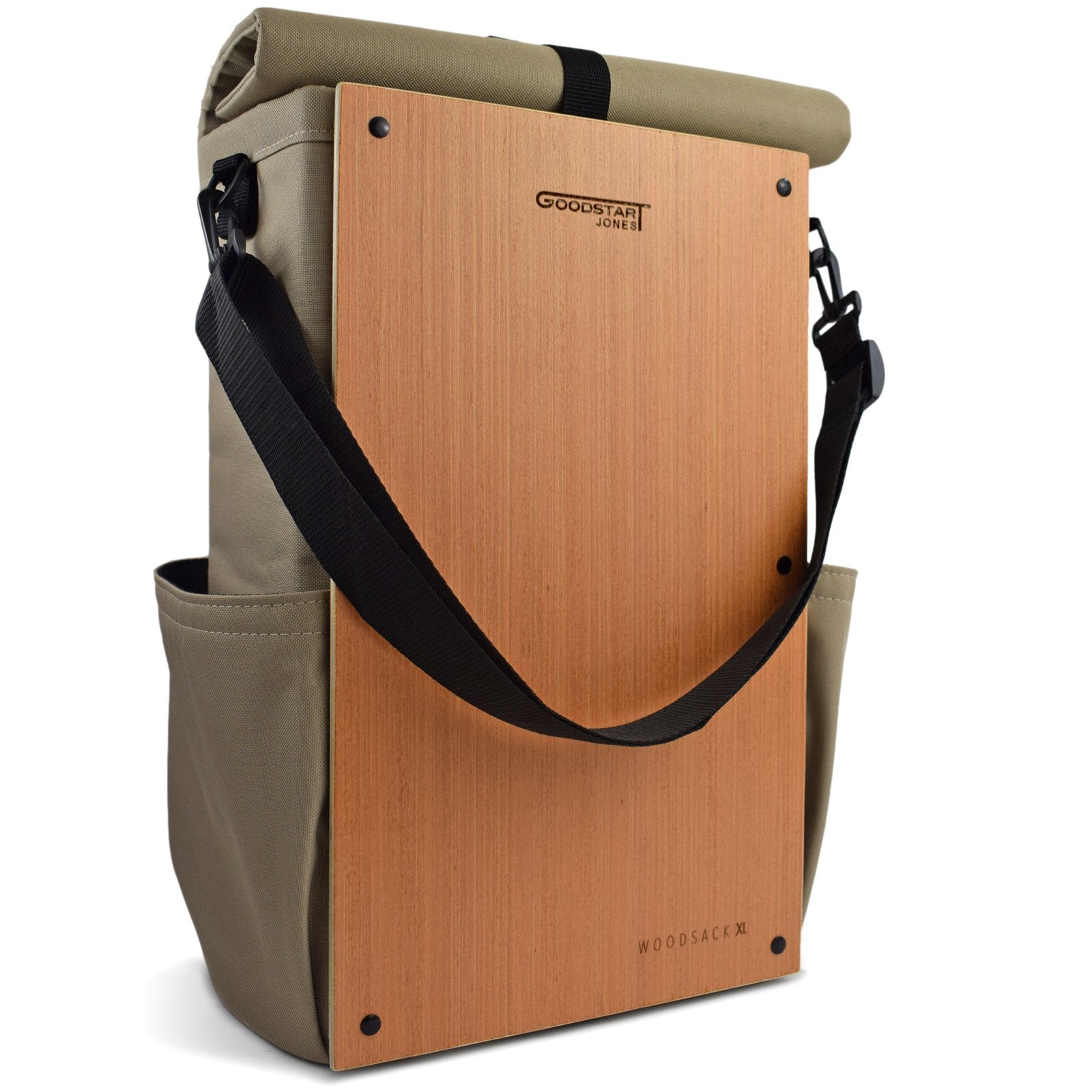 Woodsack XL Backpack in SAND color, showcasing spacious compartments and padded straps for comfort.
