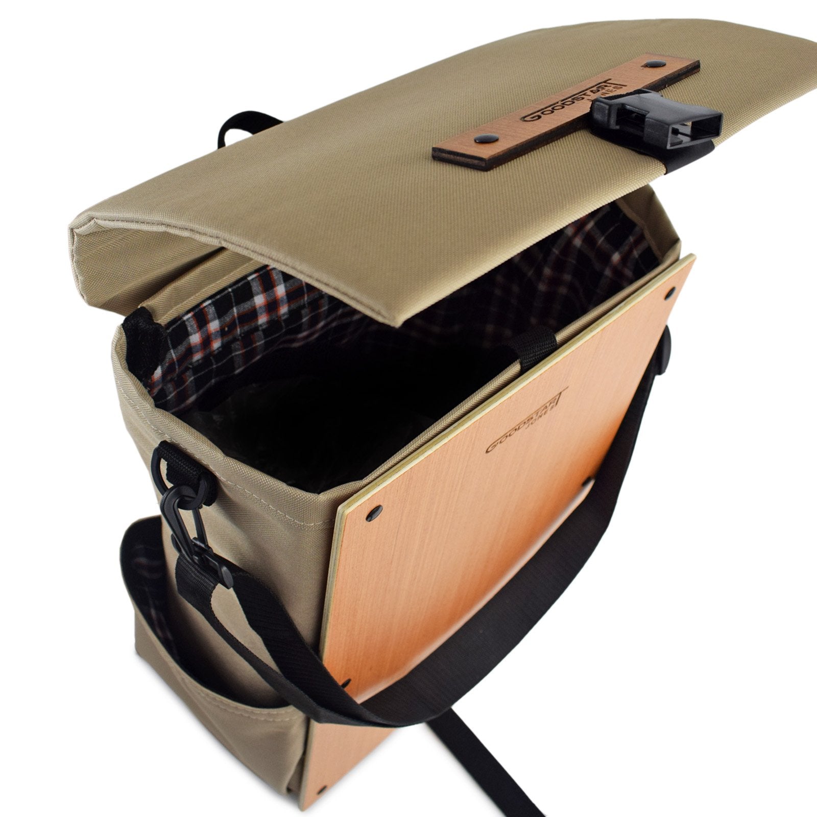 Woodsack XL Backpack in SAND color, showcasing spacious compartments and padded straps for comfort.