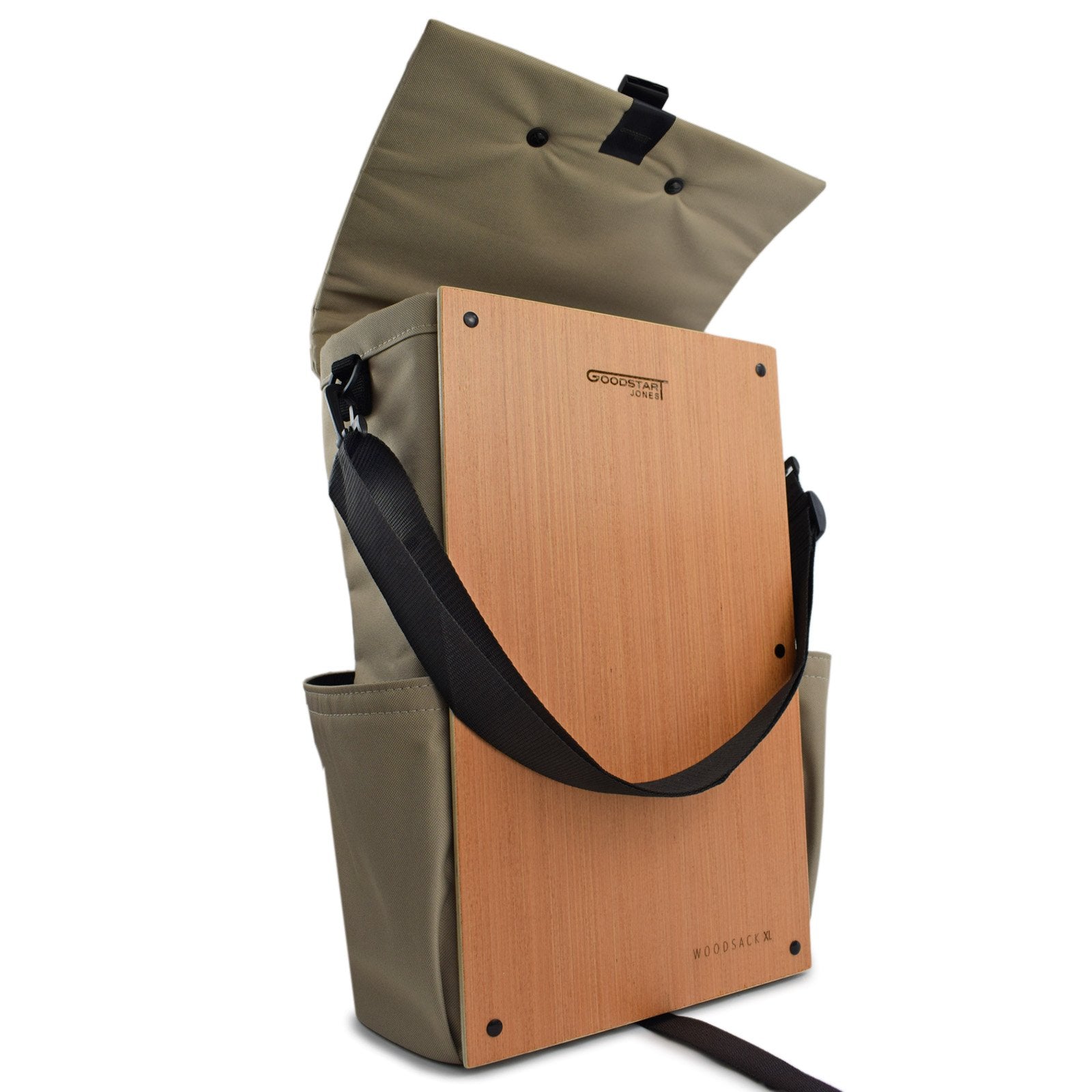 Woodsack XL Backpack in SAND color, showcasing spacious compartments and padded straps for comfort.